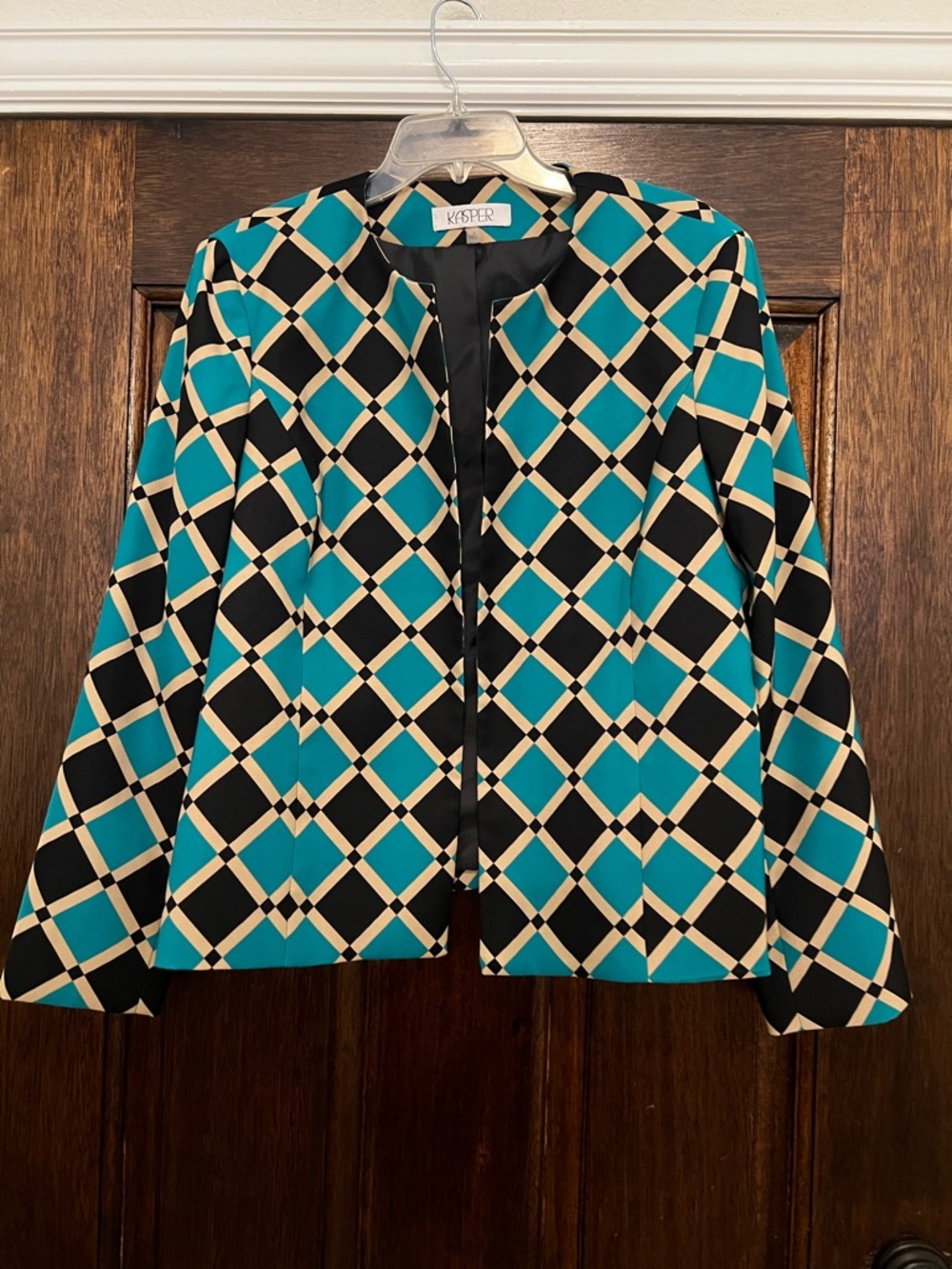 Kasper Teal, Black & Cream Geometric Open-Front Blazer - Picture 2 of 5